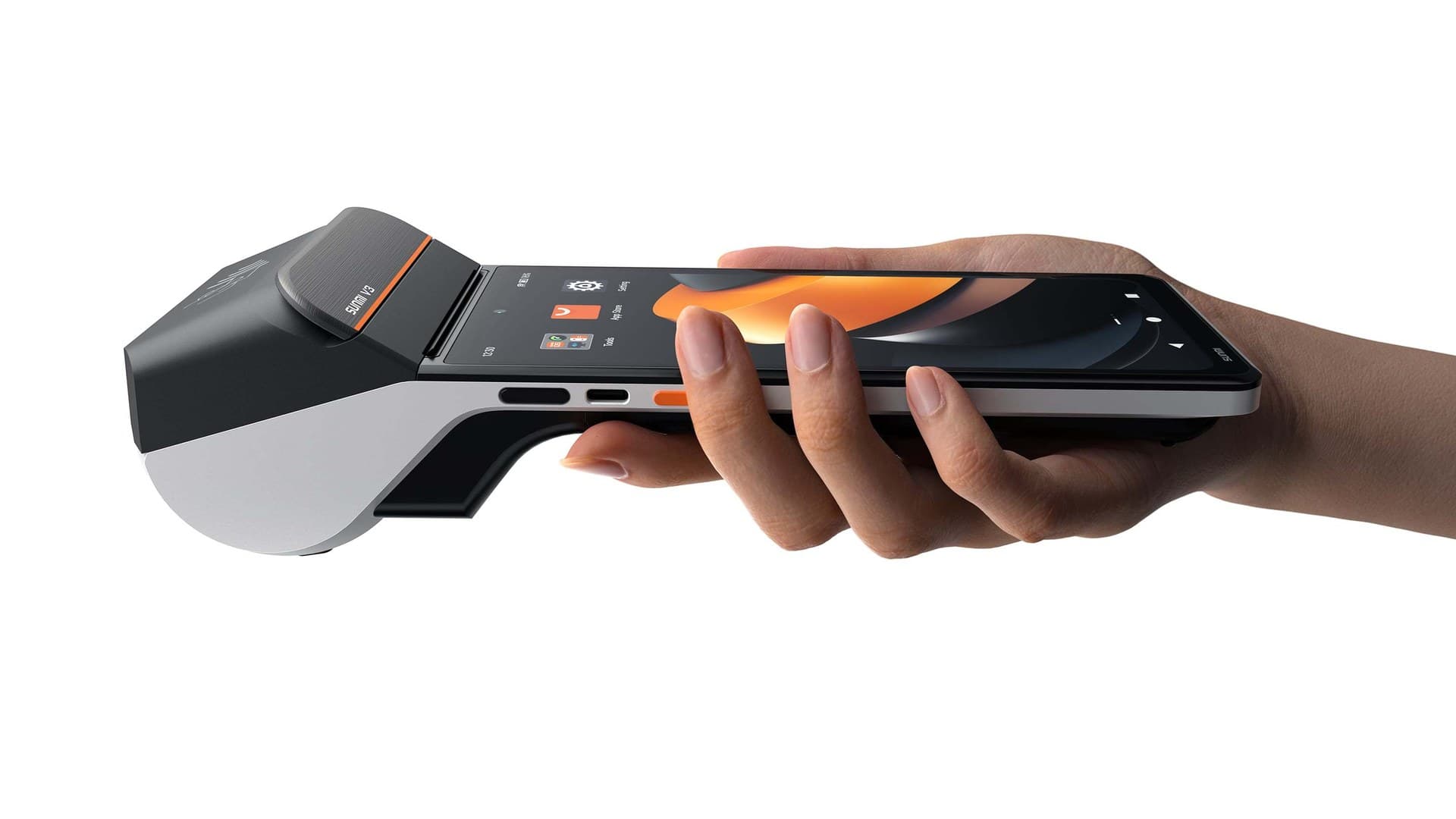 A hand holding a handheld payment terminal with a built-in receipt printer, fingers resting on its touchscreen.